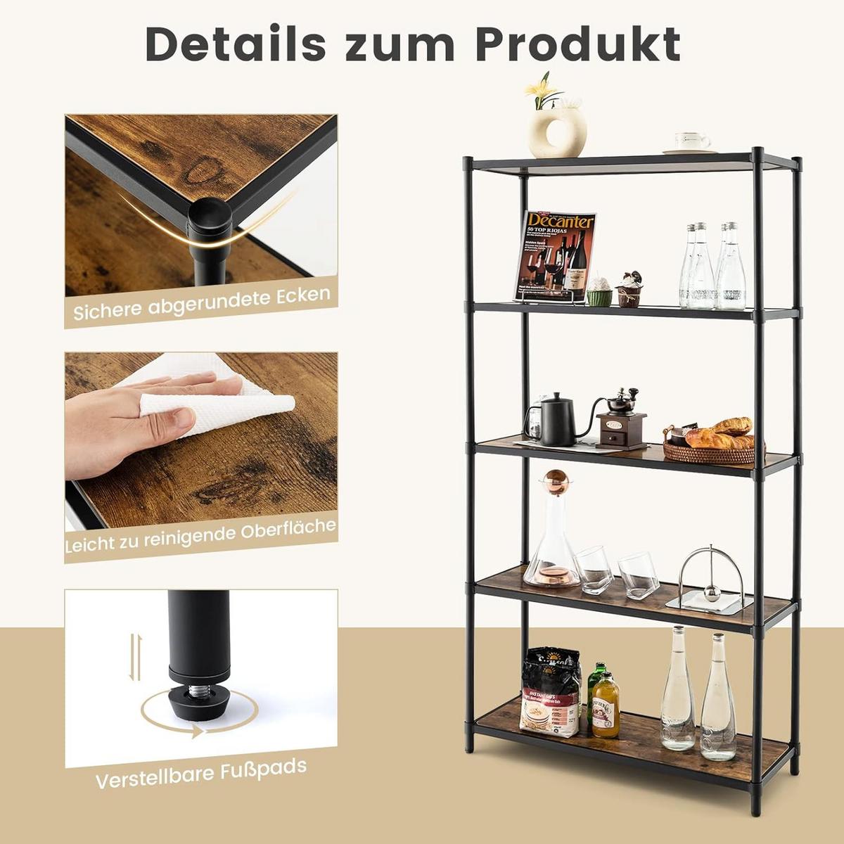 LAGERREGAL mit Flexibler Montage Braun - Braun, Holz (80/154/29cm) - COSTWAY