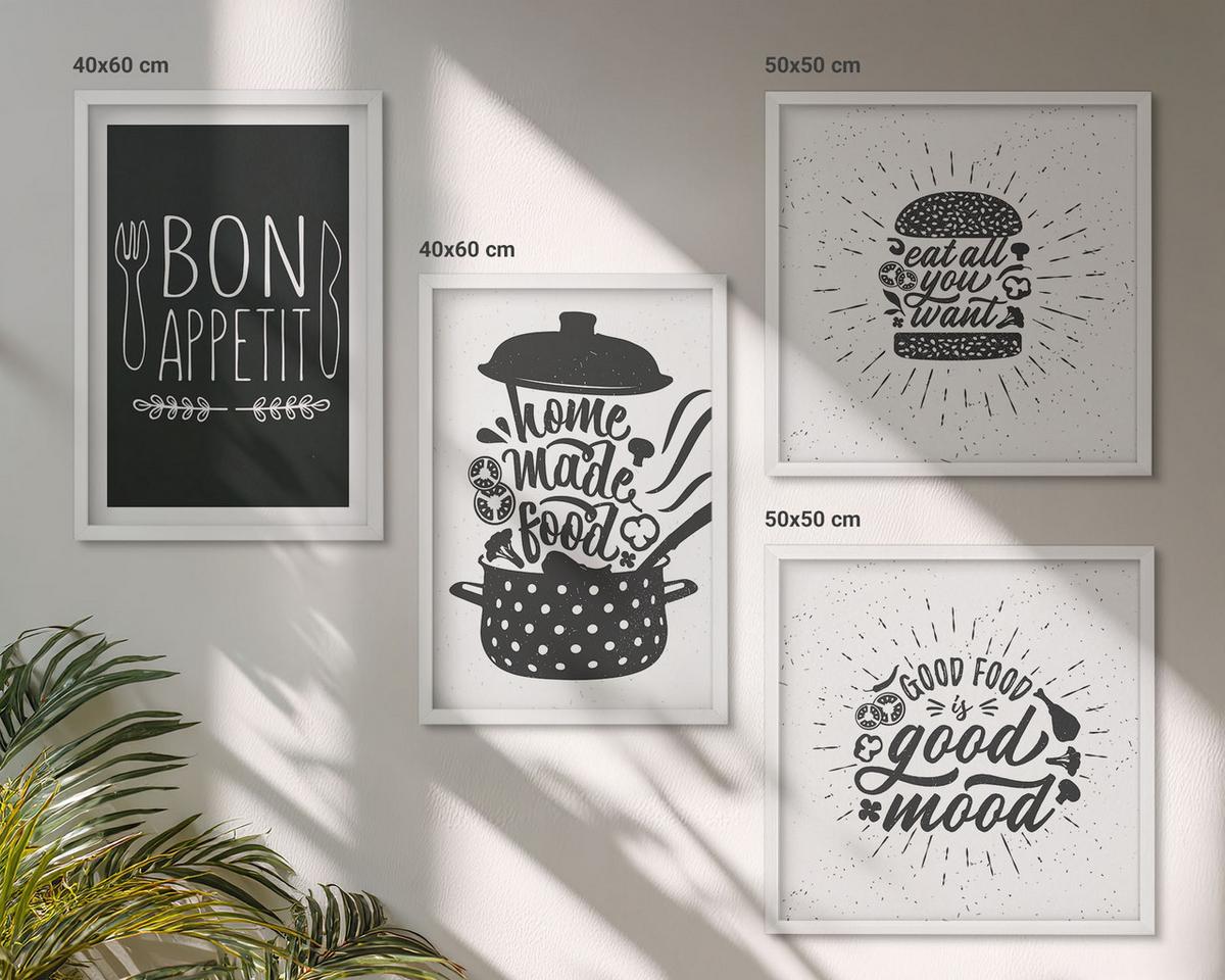 BILDER SET 4er Set - 50x50 cm & 40x60 cm Weißer Rahmen - Grafiken, Lebensmittel, kulinarische Slogans - Weiß, Kunststoff (50/50cm) - TULUP