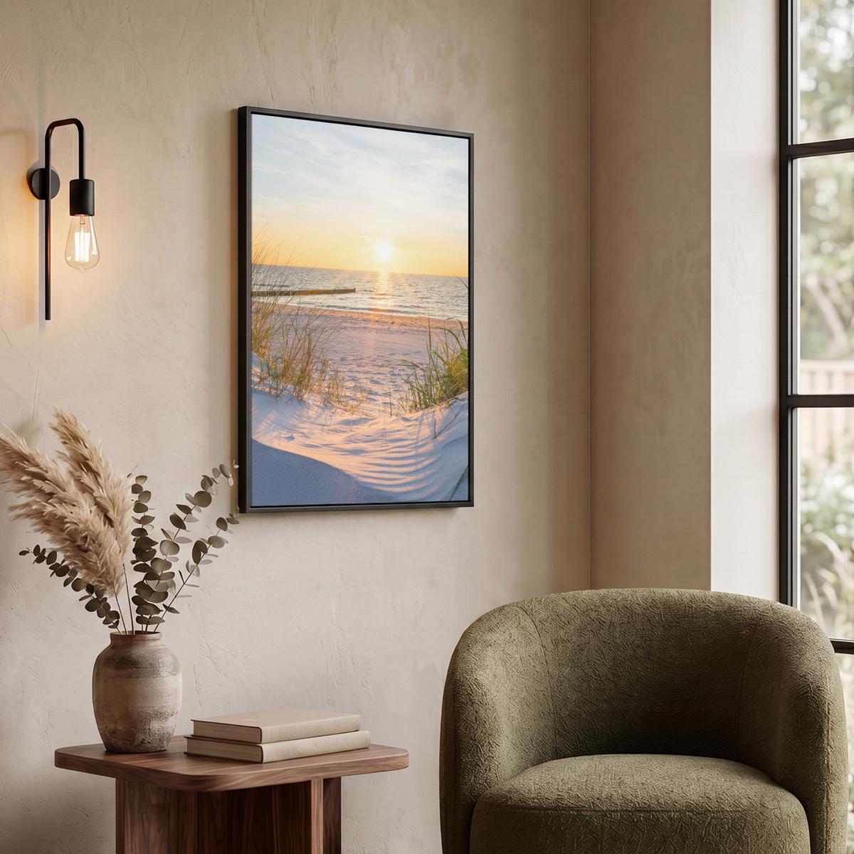 LEINWAND Bilder mit Rahmen - Strand - Sonne - Düne - Gras - Sand - Horizont - 60x80 - Hellblau, Textil (60/80cm) - MuchoWow
