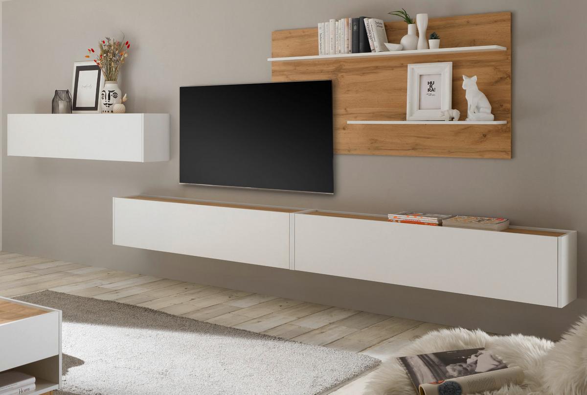 WANDREGAL Eiche Wotan, weiß 155 cm, Wandpaneel mit 2 variablen Regalböden - Weiß, Holzwerkstoff/Metall (155/80/20cm) - Furn.Design