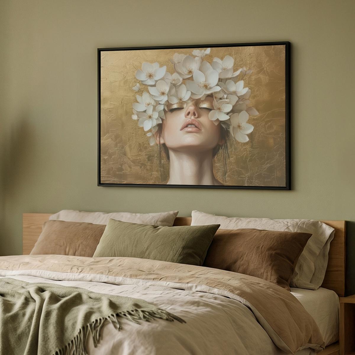 LEINWAND Bilder mit Rahmen - Gesicht - Blumen - Gold - Abstrakt - 100x70 - Goldfarben, Textil (100/70cm) - MuchoWow