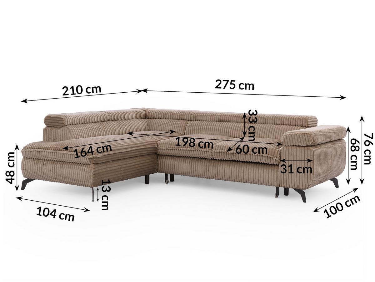 ECKSOFA mit Schlaffunktion und Bettkasten Bonnie aus Beige Cord-Stoff mit verstellbaren Kopfstützen und Armlehne - Ottomane links - Beige/Schwarz, Holz/Textil (275/210cm) - S-Style Möbel