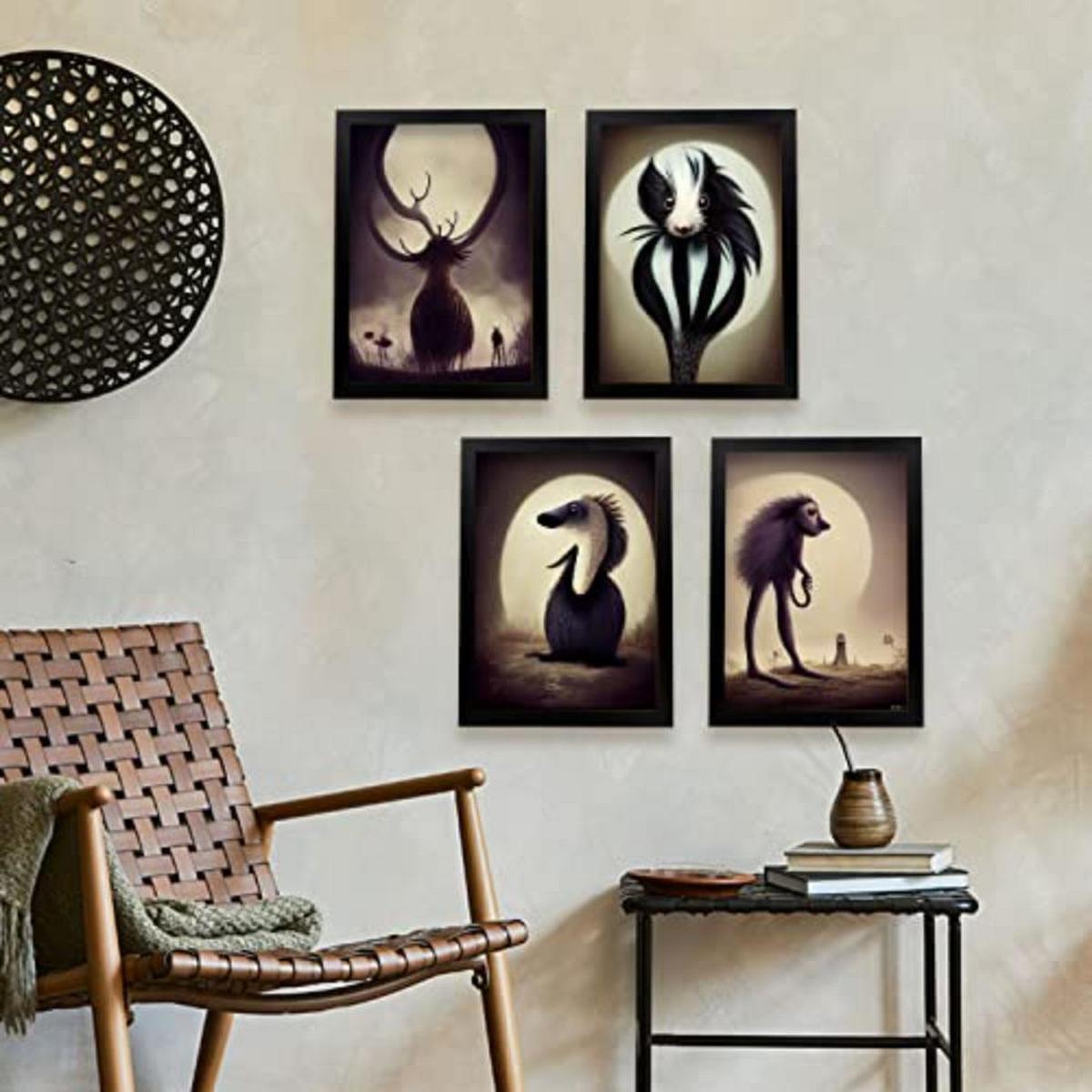 POSTER Set mit 4 Tier Braun im T Burton Goth Stil A3 Rahmen aus hellem Holz - Beige, Papier (29.7/3cm) - Nacnic
