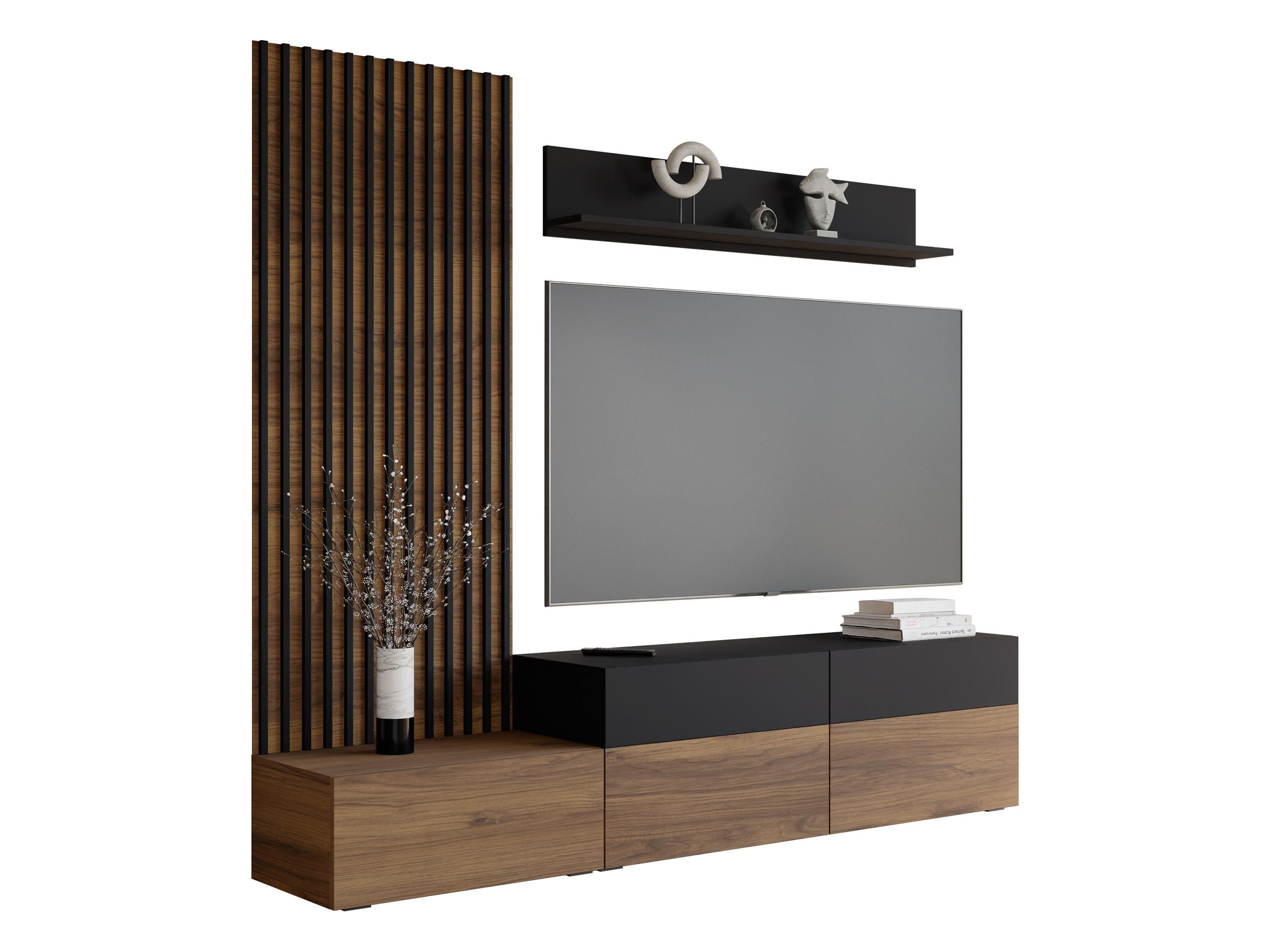 WOHNWAND Narezi I - Nussbaumfarben/Schwarz, Holzwerkstoff/Kunststoff (225/209/40cm) - MIRJAN24