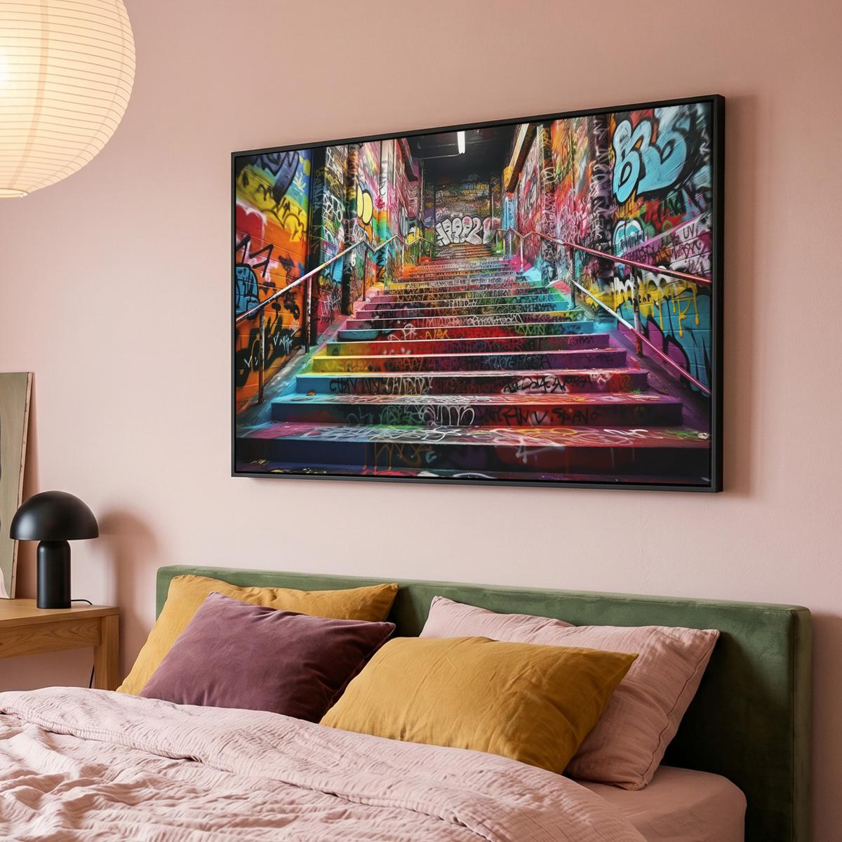 LEINWAND Bilder mit Rahmen - Treppe - Graffiti - Farben - Kunst - 140x90 - Multicolor, Textil (140/90cm) - MuchoWow