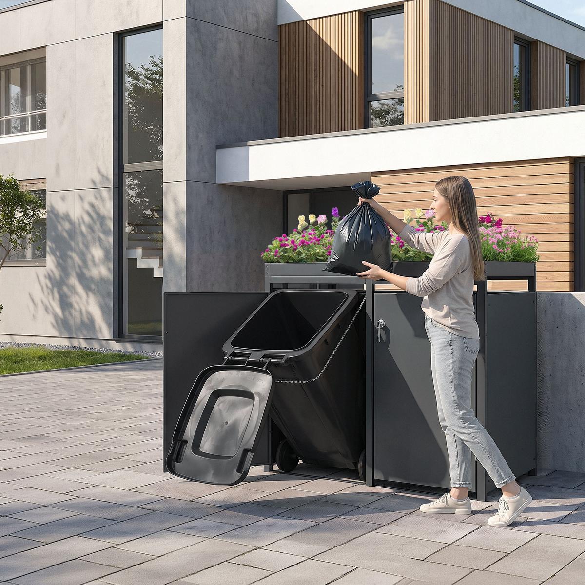 MÜLLTONNENBOX 3er mit Pflanzdach Anthrazit - Anthrazit, Metall (200/124/80cm) - ML-DESIGN