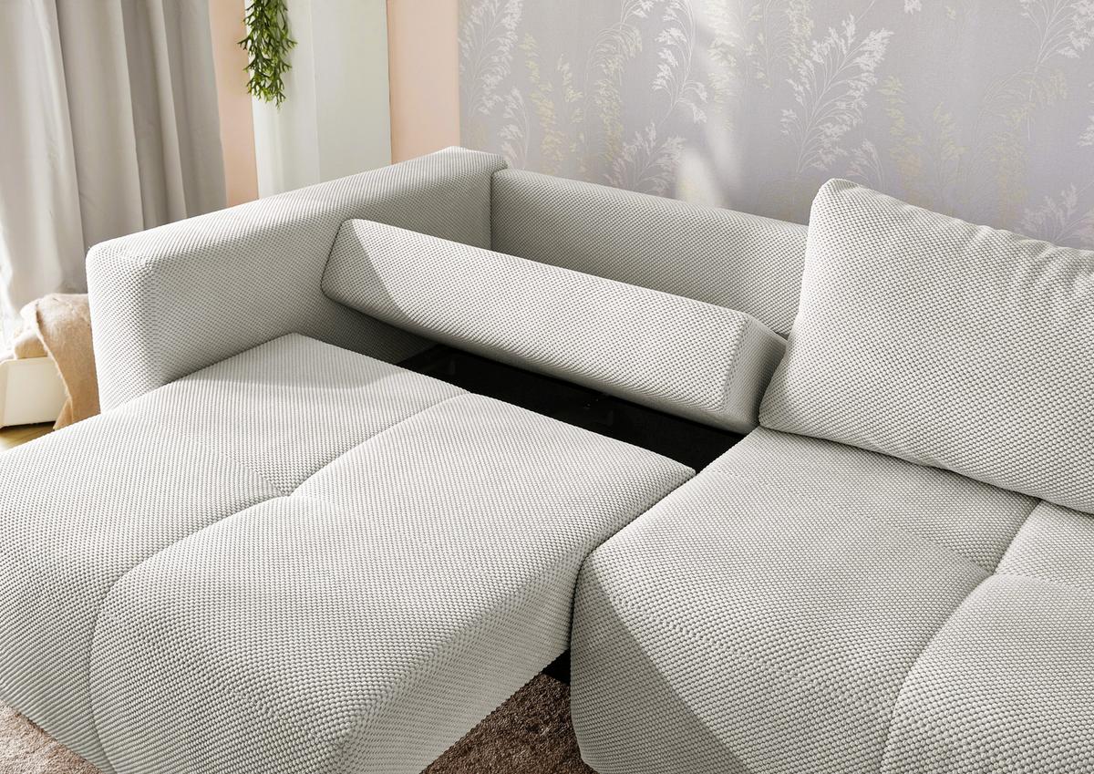 SCHLAFSOFA Verwandlung: Big-Sofa/Eckcouch, 2 Bettkästen, B243/T115-161/H84 cm, Liegefläche 145x197 cm, Waffelcord Silbergrau / 15242 - Silberfarben/Schwarz, Kunststoff/Textil (243/84/115cm) - luma-home