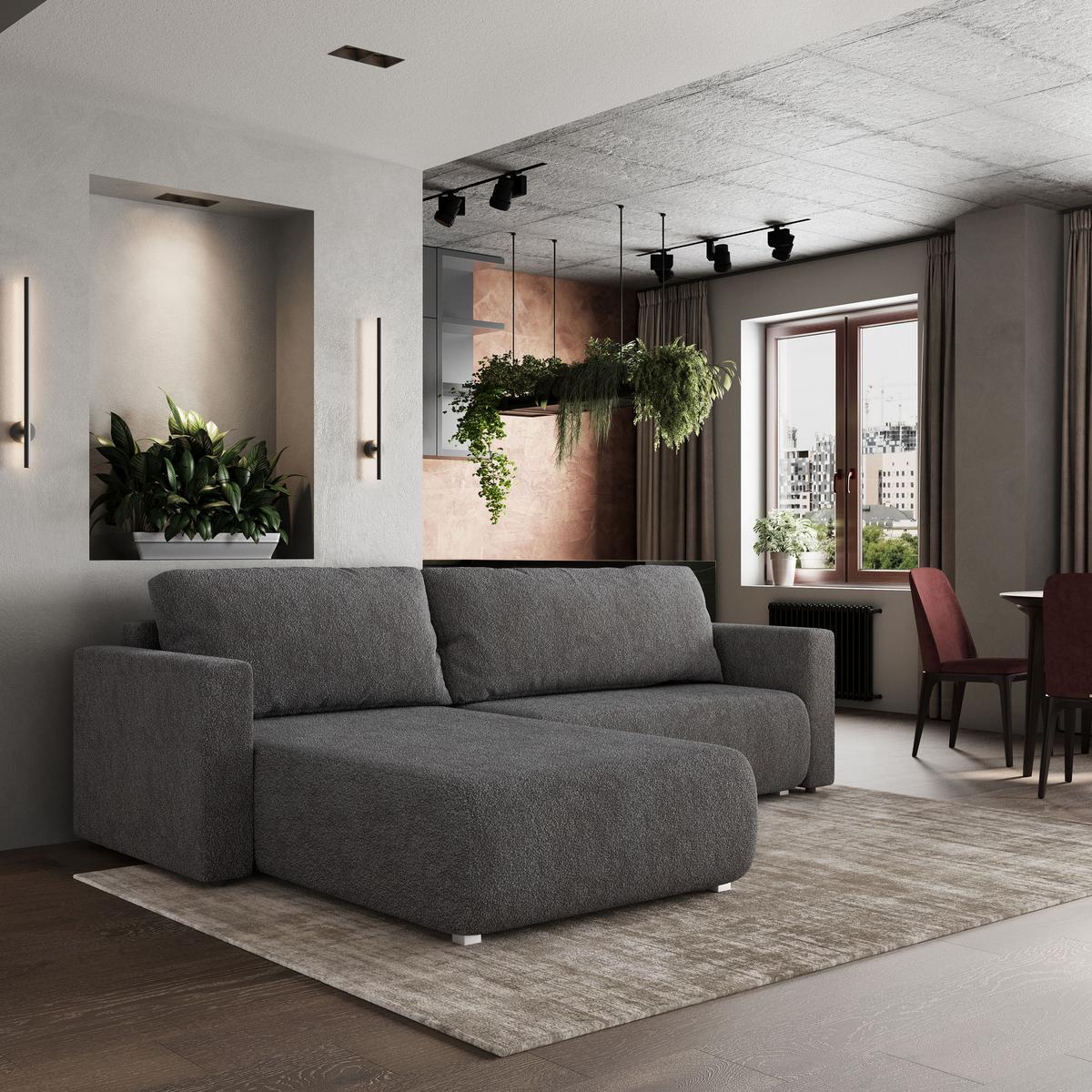 ECKSOFA TURIN N Grau Bucle-Stoff mit Schlaffunktion - Grau, Holz/Kunststoff (265/183cm) - MASSENO