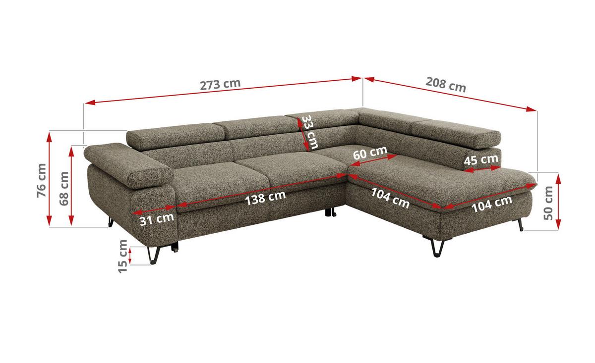 ECKSOFA PABLO L Grau Struktur - Rechts Seite - Schwarz/Grau, Textil/Metall (273/208cm) - MKS