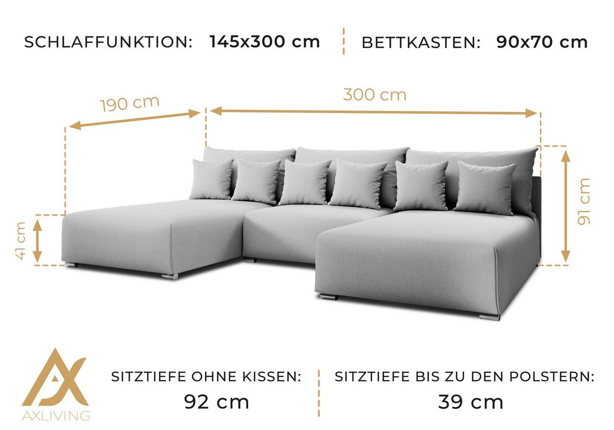 WOHNLANDSCHAFT Ederra U Hellgrau Stoff 300/190/91 cm – großes Sofa mit Schlaffunktion - Silberfarben/Hellgrau, Textil/Metall (300/91/190cm) - AX Living