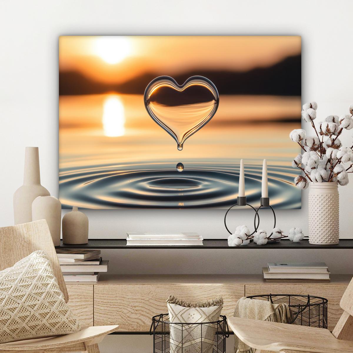LEINWANDBILD Herz - Wasser - Sonnenuntergang - Natur - Zen Wandbilder 80x60 cm - Bernsteinfarben, Textil (80/60cm) - MuchoWow