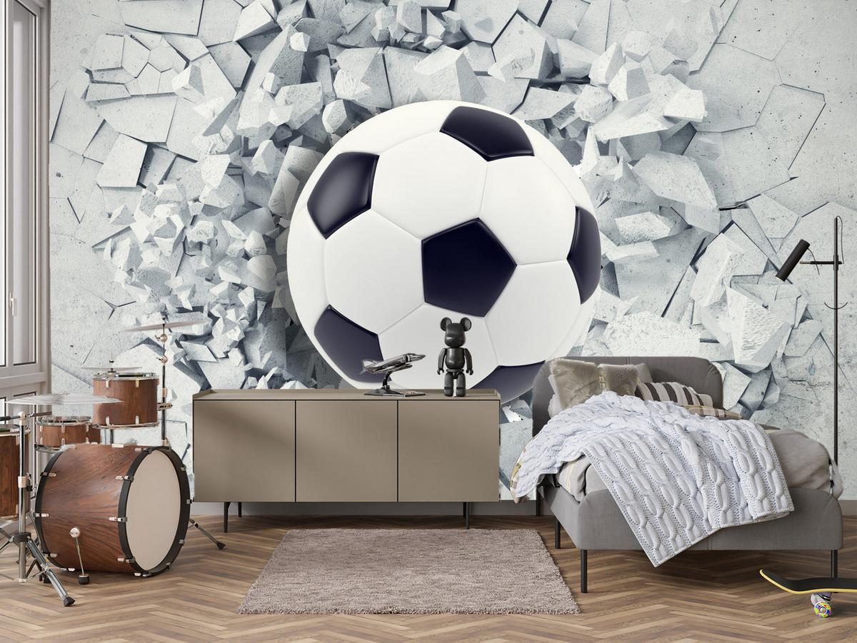 FOTOTAPETE für Kinderzimmer Fußball Riss Graue Wand Dynamik Sport 300x210 - Schwarz/Weiß, Papier (300/210cm) - Muralo