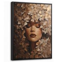 LEINWAND Bilder mit Rahmen - Gesicht - Dame - Blätter - Pinselstriche - 30x40 - Goldfarben, Textil (30/40cm) - MuchoWow