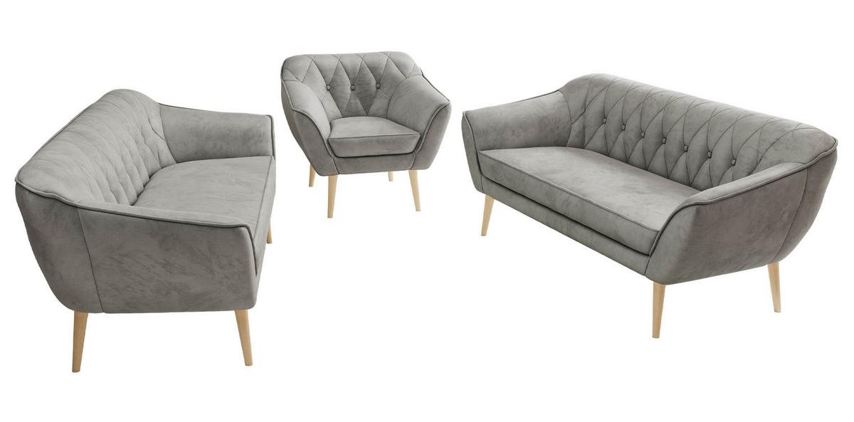 SITZGARNITUR PIRS 3+3+1 - Hellgrau Velvet - Holzbeine - Buchefarben/Hellgrau, Holzwerkstoff/Textil (180/75/74cm) - MKS