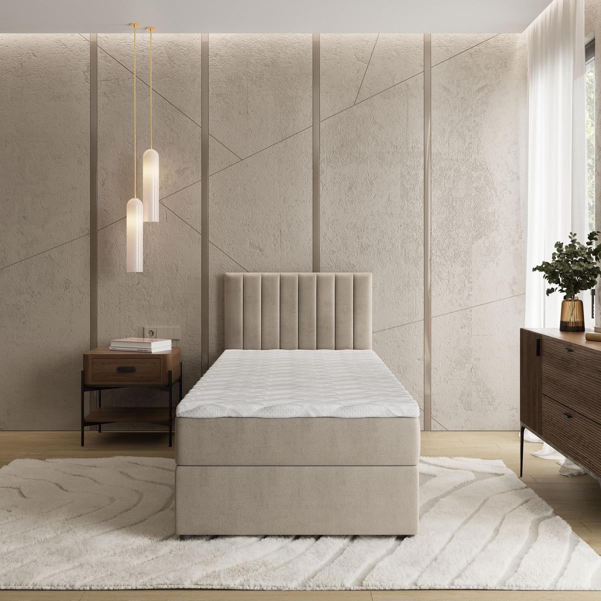 BOXBETT BRESEL 100 100x200 cm mit Matratze und Topper, H2+H3 - Beige - Beige, Holz (100/200cm) - MASSENO