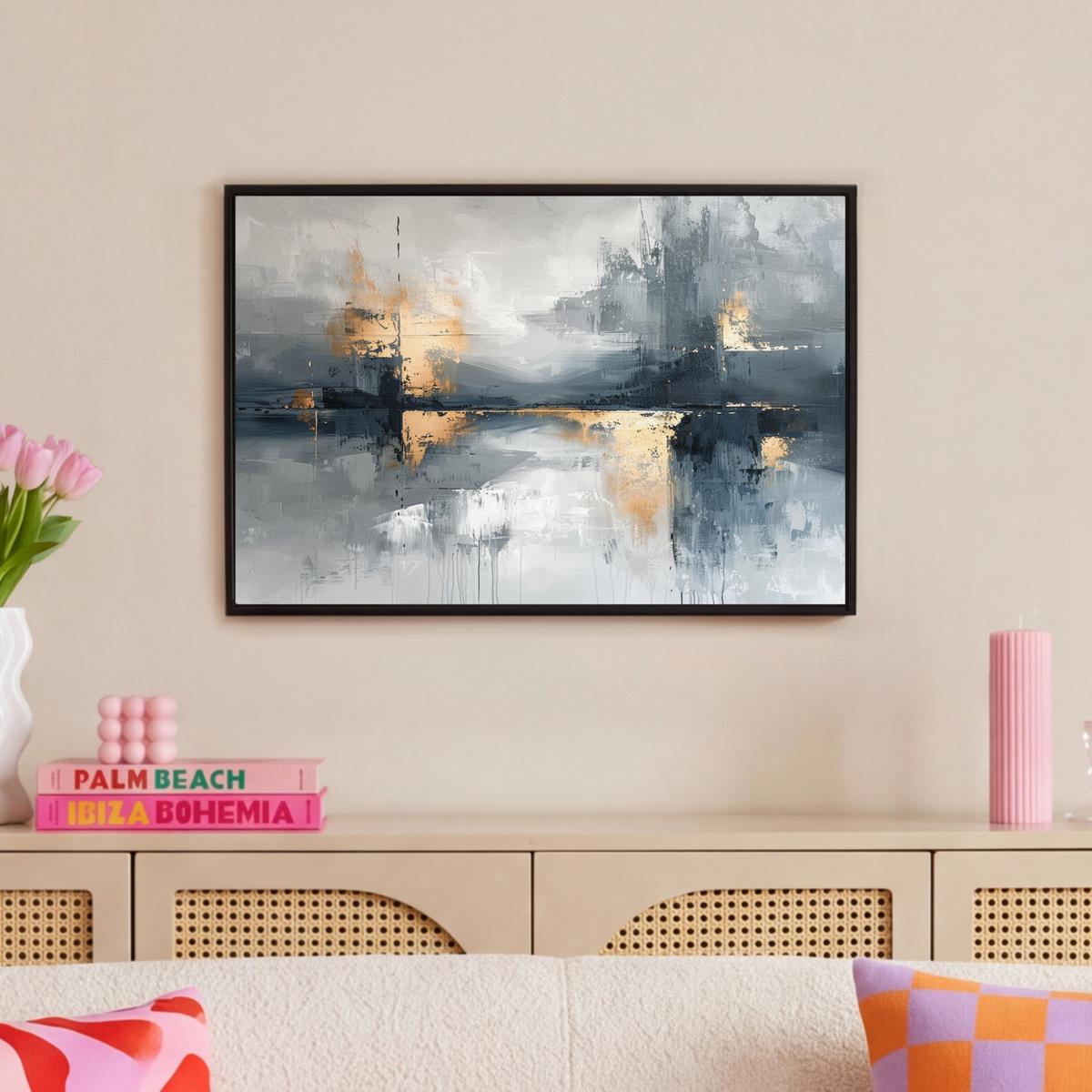 LEINWAND Bilder mit Rahmen - Kunst - Grau - Gold - Abstrakt - 60x40 - Dunkelgrau, Textil (60/40cm) - MuchoWow