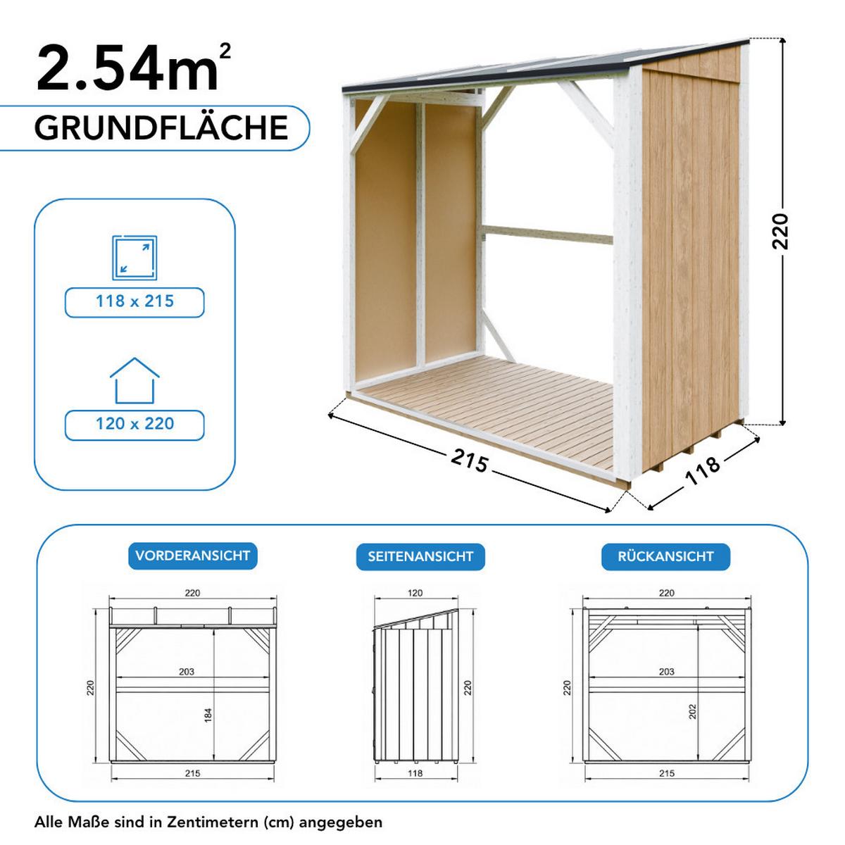 BRENNHOLZLAGER 2,54 m², Kaminholzunterstand mit ~4,4 m³ Lagerkapazität - Hellgrau, Holz (118/220/215cm) - Timbela