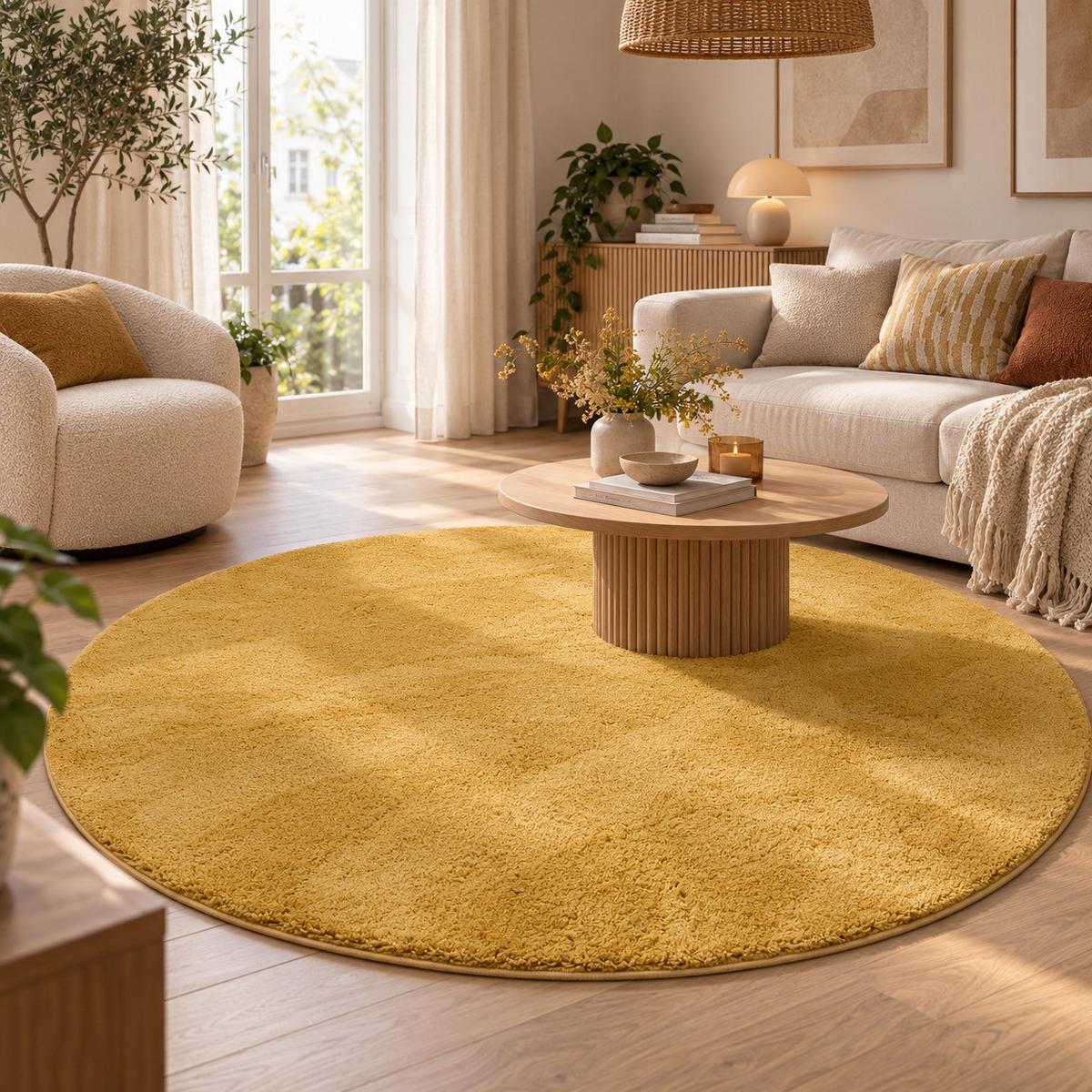 HOCHFLOR SHAGGY TEPPICH PALACE RUND - Currygelb, Textil (100/100cm) - Snapstyle