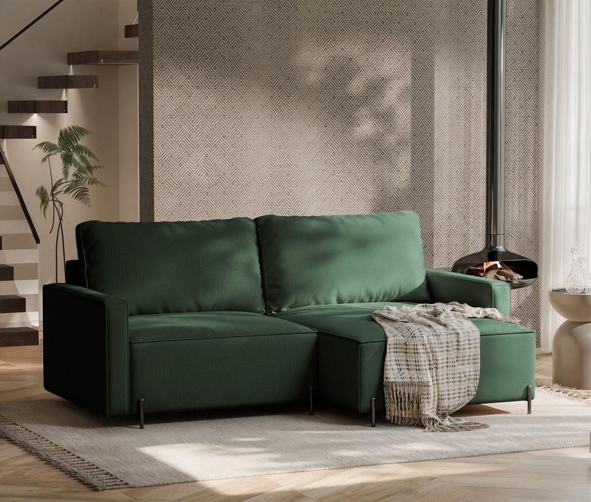 ECKSOFA LEO Rechts, mit Schlaffunktion und Bettkasten, Grün - Grün, Textil/Metall (229/148cm) - Idohome