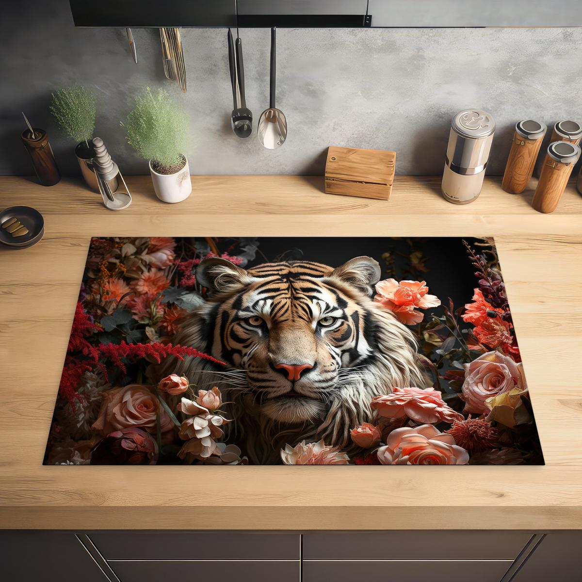 HERDABDECKPLATTE Tiger - Tier - Natur - Floral - Botanisch Induktionsschutz 81.6x52.7 cm - Orange, Kunststoff (81.6/52.7/0.2cm) - MuchoWow