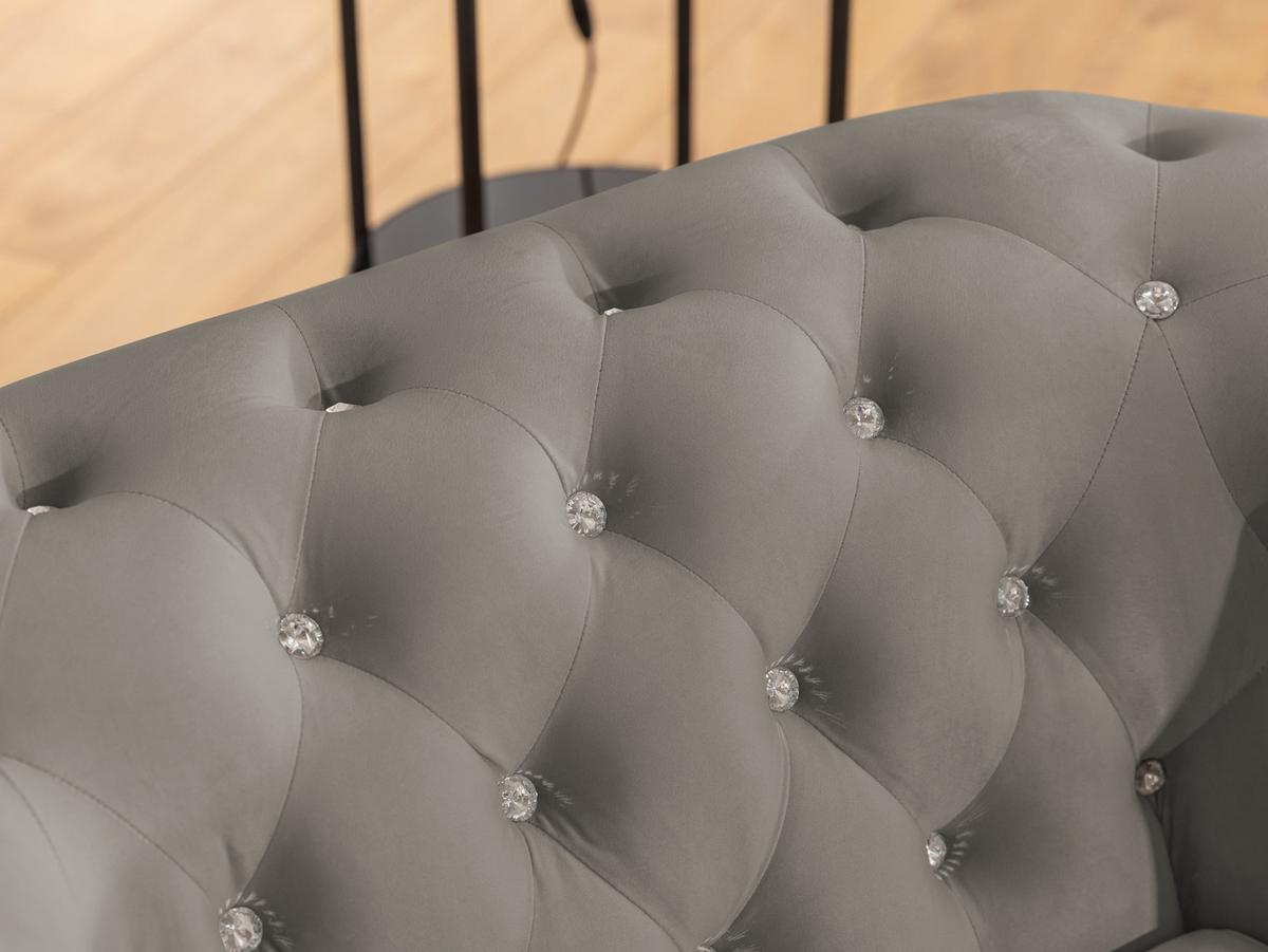 ECKSOFA mit Schlaffunktion Chesterfield Grau Samt mit Kristallsteppung und braunen Massivholzfüßen - Ottomane Links - Braun/Grau, Holz/Textil (264/210cm) - S-Style Möbel