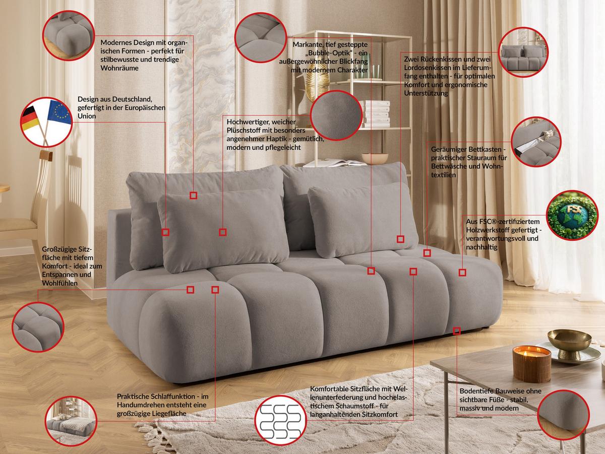 SCHLAFSOFA Belluno aus hochwertigem Taupe Plüschstoff mit Bettkasten und tiefen Steppungen in Bubble-Optik - Taupe/Schwarz, Holz/Kunststoff (205/87/105cm) - S-Style