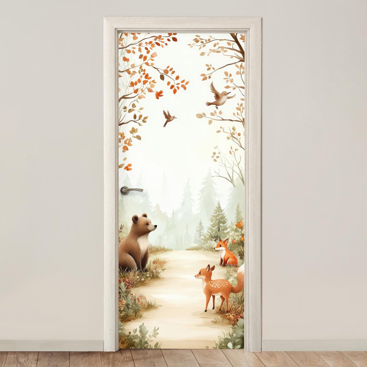 TÜRAUFKLEBER Wald - Herbst - Waldtiere - Bär - Fuchs Deko Schlafzimmer 95x215 cm - Türtapete - Kastanienfarben, Kunststoff (95/0.1cm) - MuchoWow