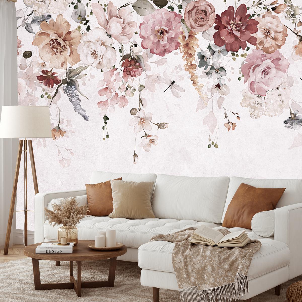 FOTOTAPETE für Schlafzimmer Aquarell Bunte Blumen Ranken Blätter 450x315 - Rot/Rosa, Papier (450/315cm) - Muralo