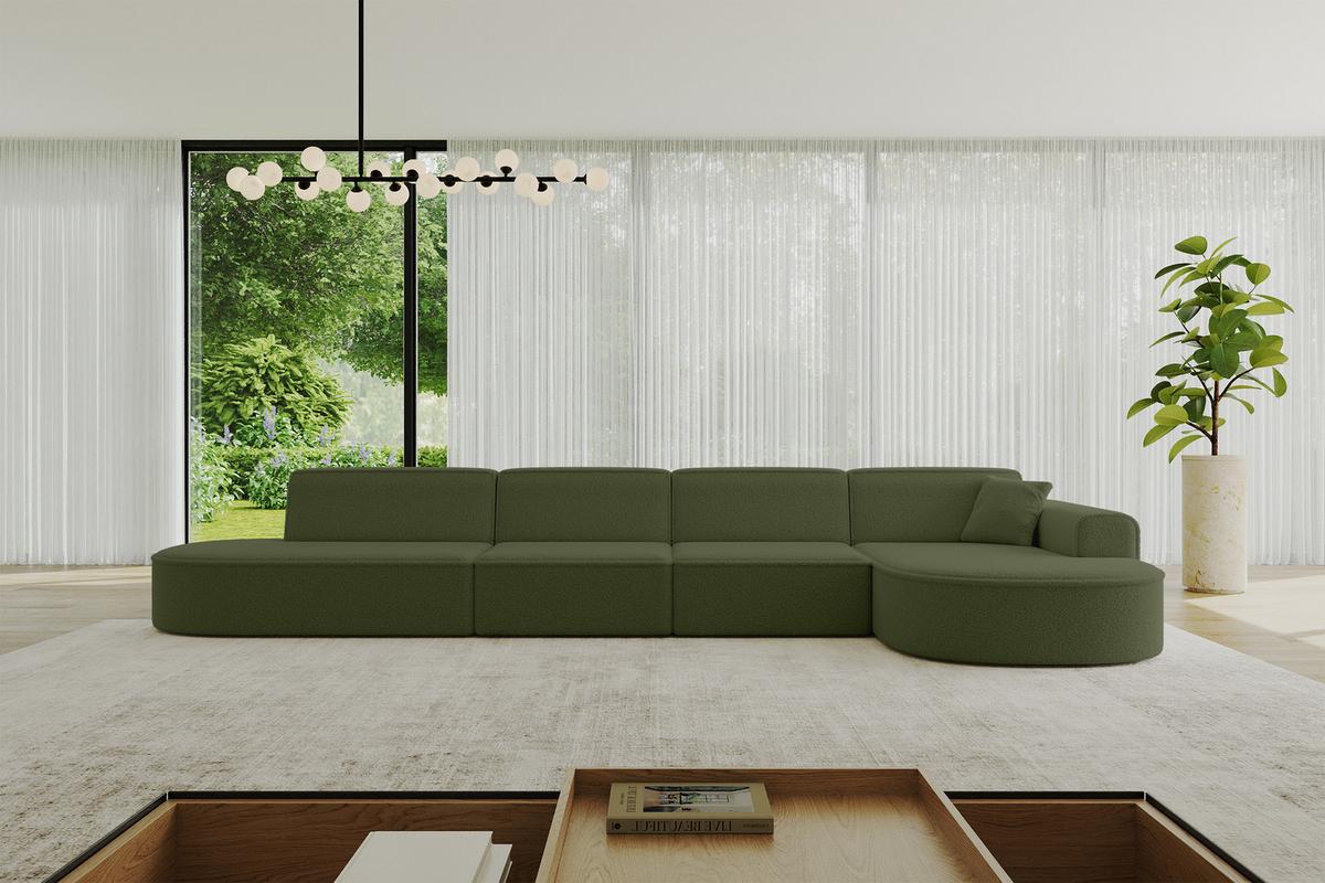ECKSOFA Ottomane Rechts MARI-L3 - 413x171x79 cm Grün Bouclé - Schwarz/Grün, Holzwerkstoff/Kunststoff (171/413cm) - ALTDECOR
