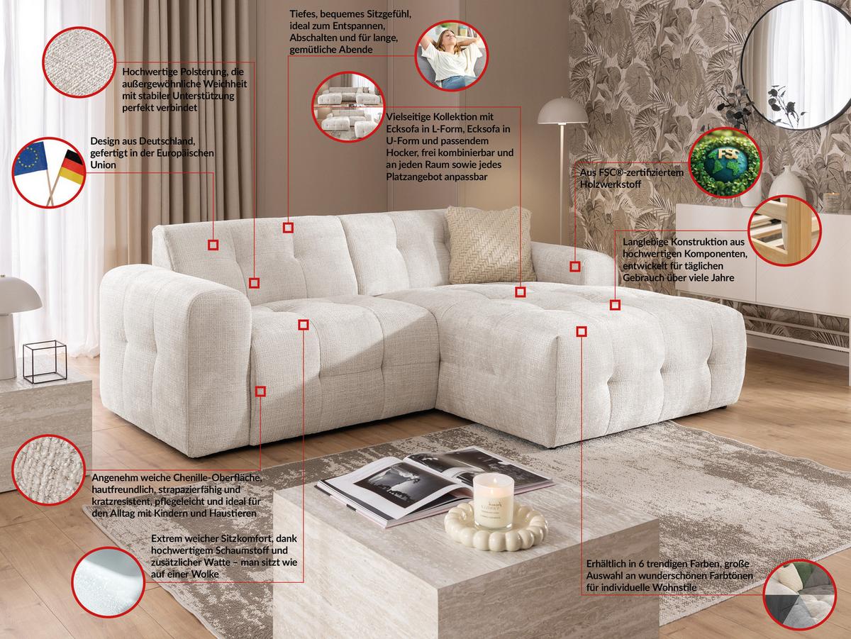 ECKSOFA inkl. Hocker Kozy im Bumpy-Design mit Schlaffunktion und fester Rückenlehne aus weichem Beige Chenille-Stoff - Ottomane rechts - Beige/Creme, Holz/Kunststoff (234/161cm) - S-Style Möbel