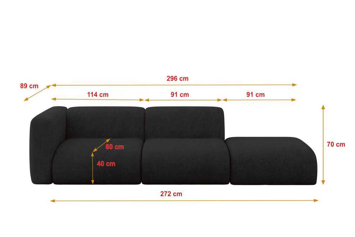 SOFA Ottomane Links MIRA-S3 296x89x70 Schwarz Velours - Anthrazit/Schwarz, Holzwerkstoff/Kunststoff (296/70/89cm) - ALTDECOR