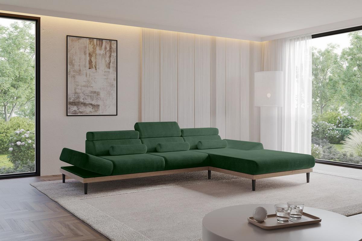 ELEKTRISCHES ECKSOFA Rechts MONA 316x205x85 Grün Cord - Salbeigrün/Grün, Holzwerkstoff/Textil (316/205cm) - ALTDECOR
