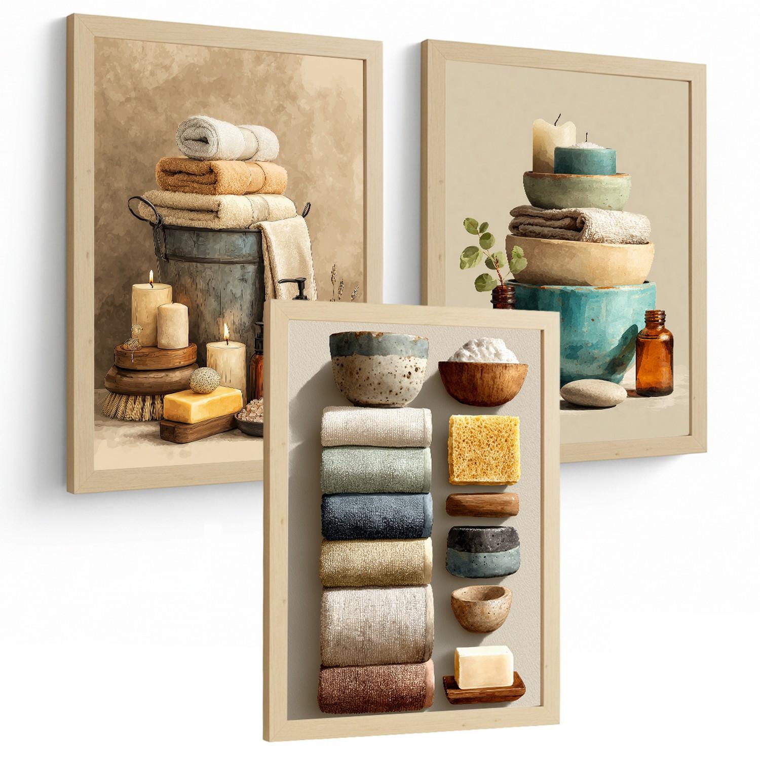 POSTER 3er-Set dekorative Badezimmerbilder im natürlichen Spa-Stil, Motive mit Handtüchern, Kerzen minimalistisches, Leichter Holzrahmen A3 - Beige, Papier (42/29.7/3cm) - Nacnic