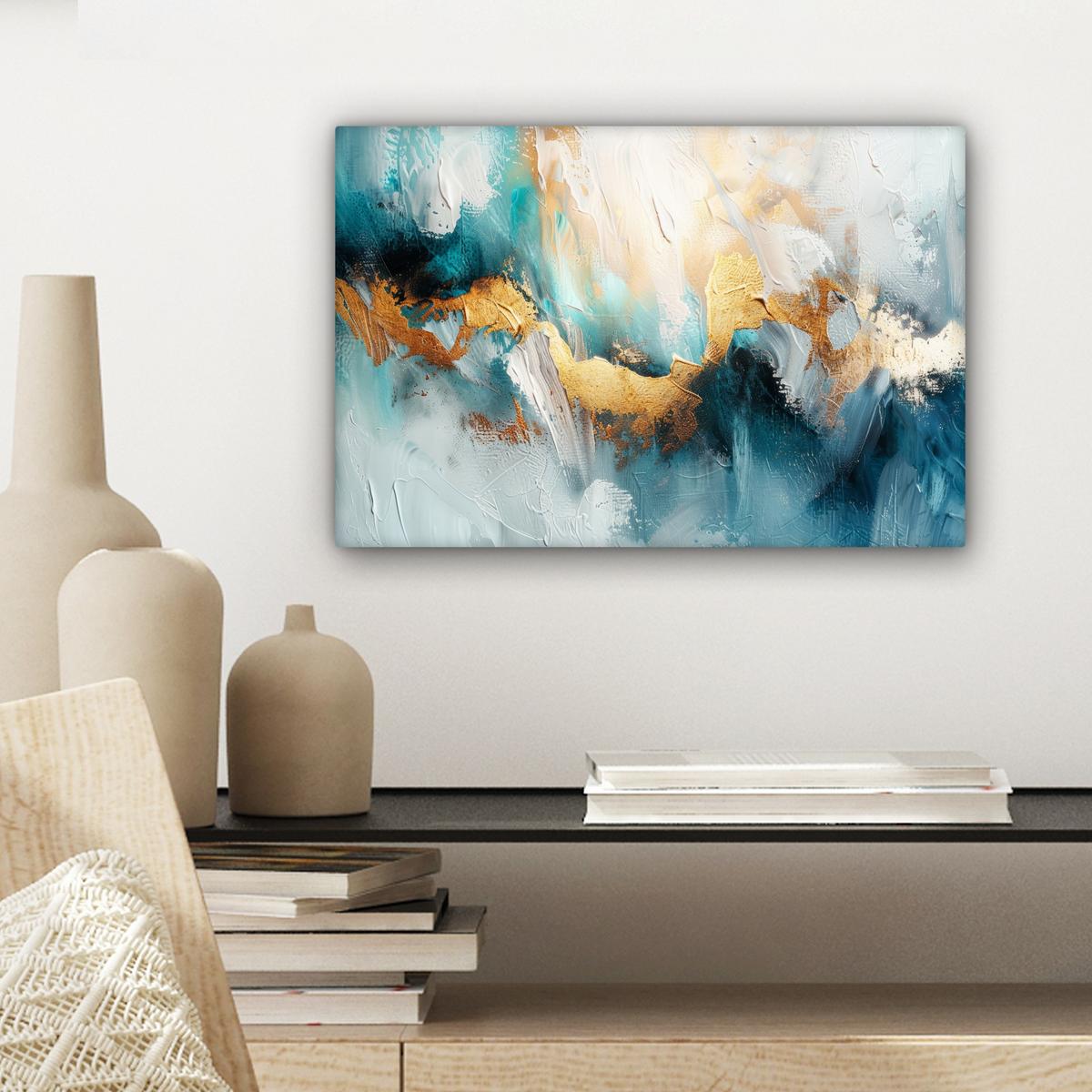 LEINWANDBILD Abstrakt - Kunst - Gold - Blau Deko Schlafzimmer 30x20 cm - Petrol, Textil (30/20cm) - MuchoWow
