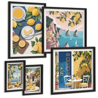 BILDER SET 5er Set - 50x50 cm & 20x30 cm & 40x60 cm Schwarzer Rahmen - Berge, rosa Himmel, Wasser, Sukkulente - Schwarz, Kunststoff (40/60cm) - TULUP