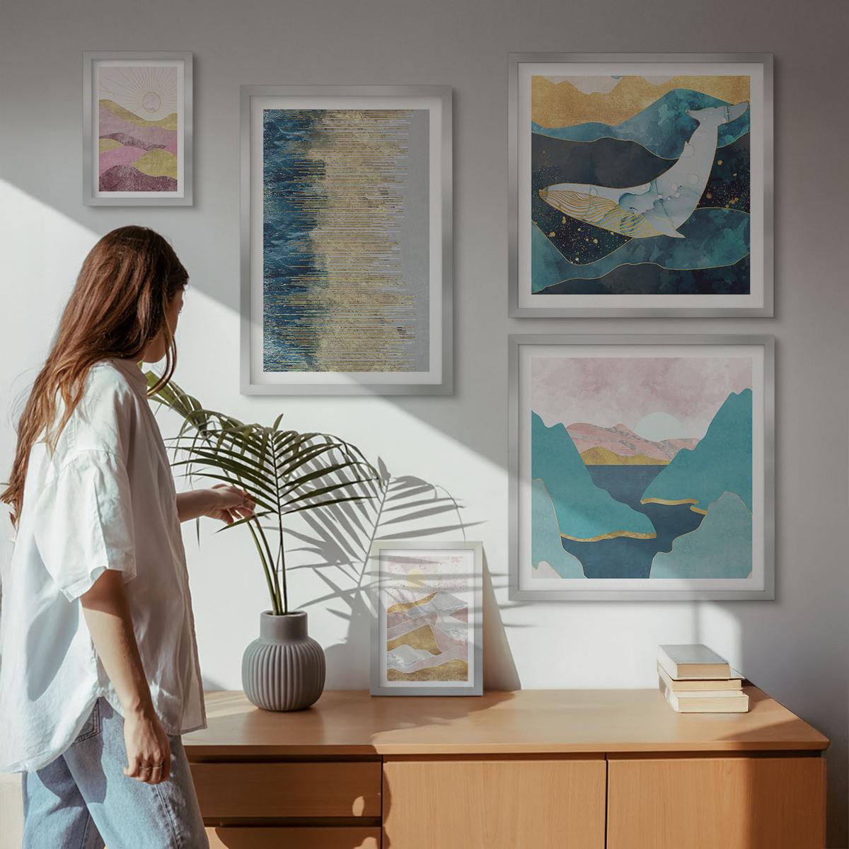 BILDER SET 5er Set - 50x50 cm & 20x30 cm & 40x60 cm Silberner Rahmen - Abstrakte Berge Sonne - Silberfarben, Kunststoff (40/60cm) - TULUP