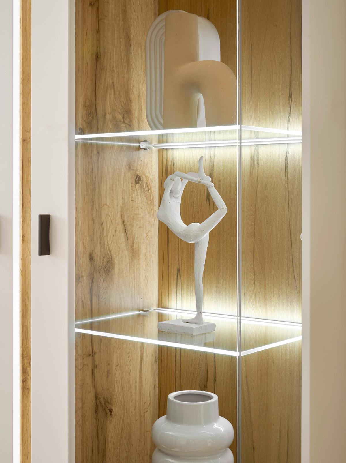 VITRINE weiß matt, Eiche Wotan 80 x 200 cm, Vitrinenschrank inklusive Frontbeleuchtung - Eiche Wotan/Silberfarben, Glas/Holzwerkstoff (80/200/35cm) - Furn.Design