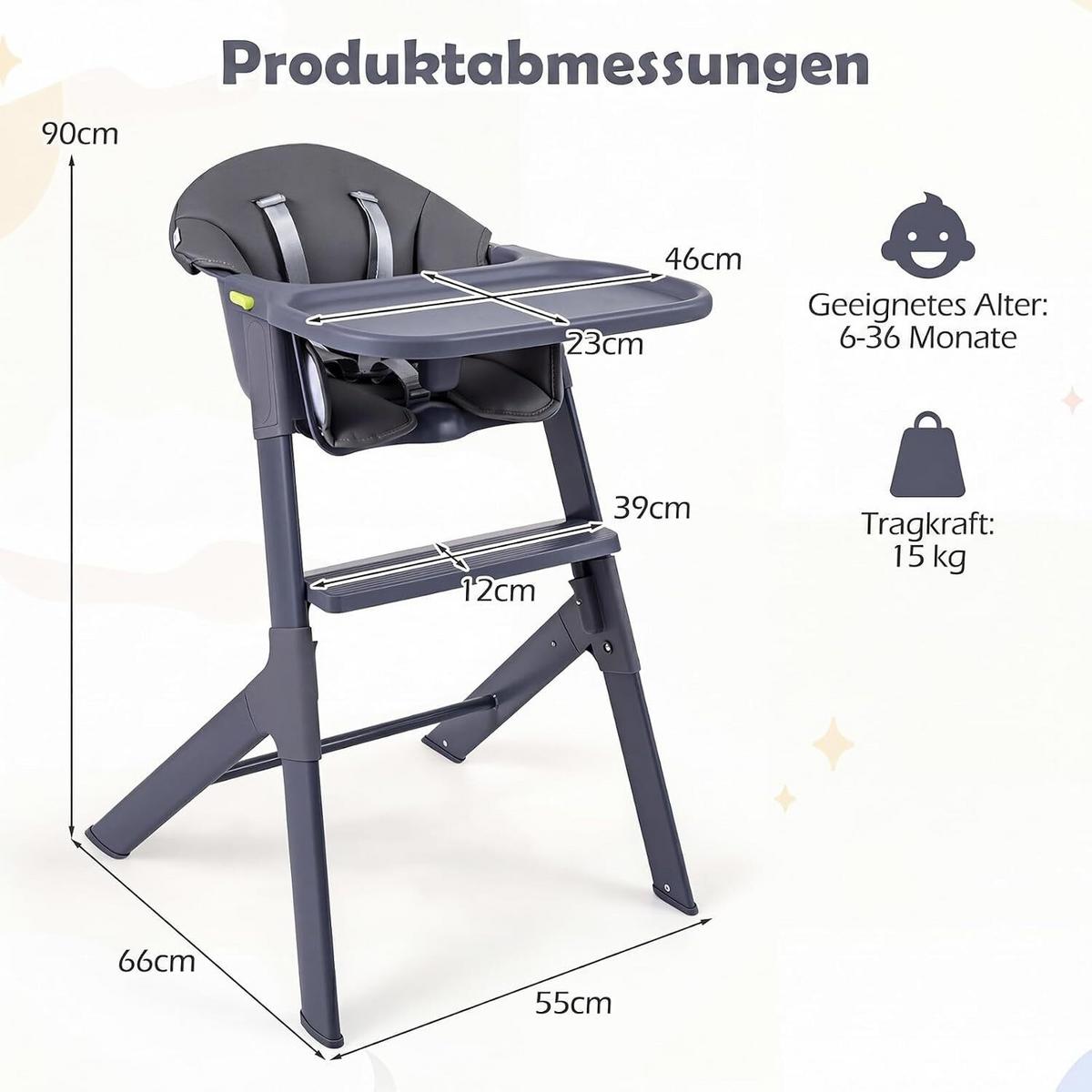 KINDERHOCHSTUHL mit verstellbarem Tablett grau - Grau, Metall (66/90/55cm) - COSTWAY