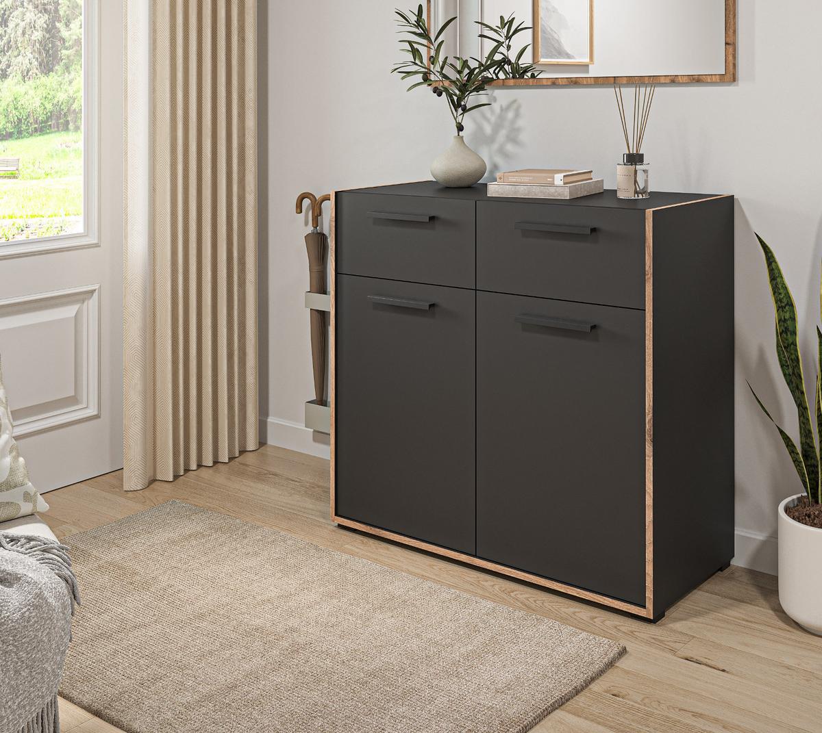 SCHUHSCHRANK grau, Nox Eiche 95 cm, Kommode mit 2 Schubkästen mit Vollauszug - Eichefarben/Schwarz, Holzwerkstoff/Kunststoff (95/86/37cm) - Inn.Furn