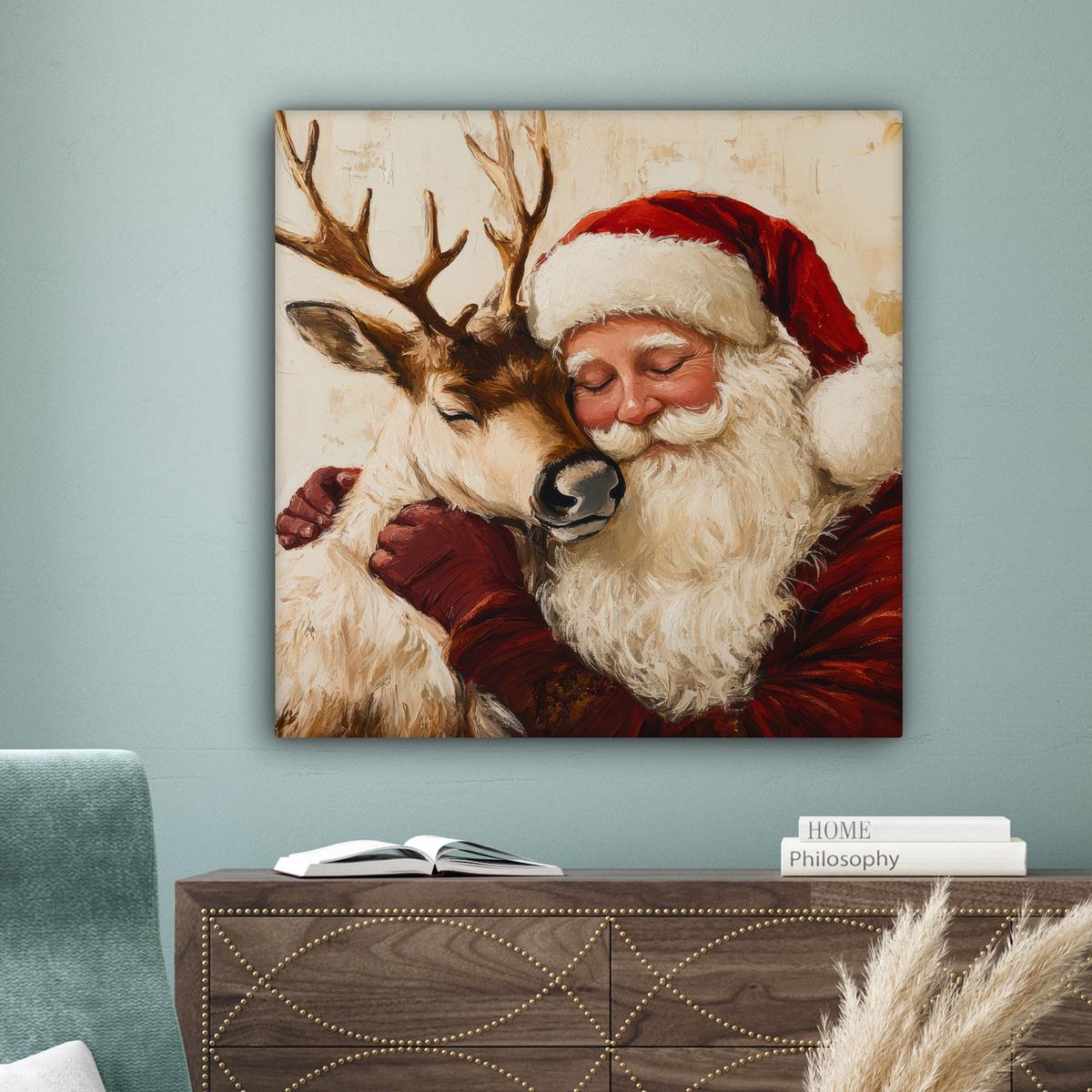 LEINWANDBILD Weihnachtsmann - Rentier - Weihnachten Deko Groß 90x90 cm - Rotbraun, Textil (90/90cm) - MuchoWow