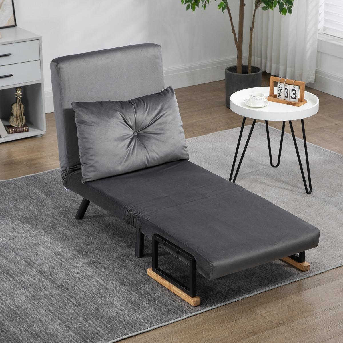 SCHLAFSESSEL, Einzelsofa mit Bettfunktion, Relaxsessel mit Rückenkissen Grau - Dunkelgrau/Schwarz, Holz/Textil (73/81/63cm) - HOMCOM