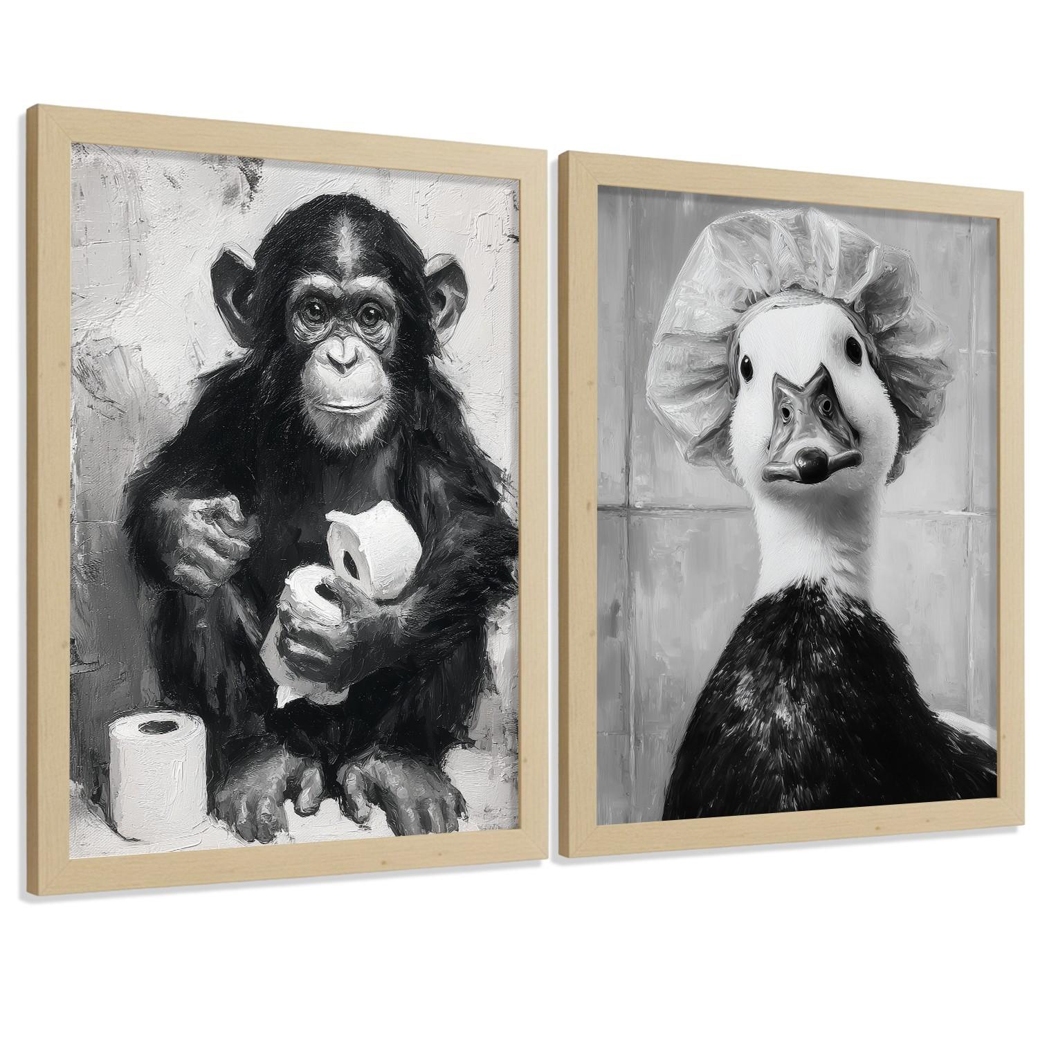 POSTER 2er-Set lustige Tiermotive in Schwarz-Weiß fürs Badezimmer, witzige für Toilette, Bad, minimalistischer Stil Leichter Holzrahmen A4 - Beige, Papier (29.7/21/3cm) - Nacnic