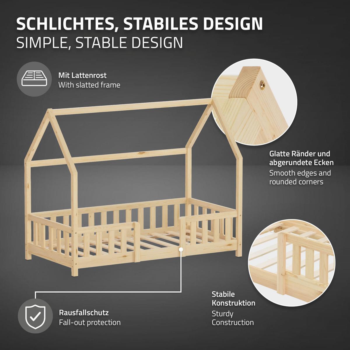 KINDERBETT 80x160 cm mit Matratze & Rausfallschutz Natur aus Kiefernholz - Naturfarben, Holz (80/160cm) - ML-DESIGN