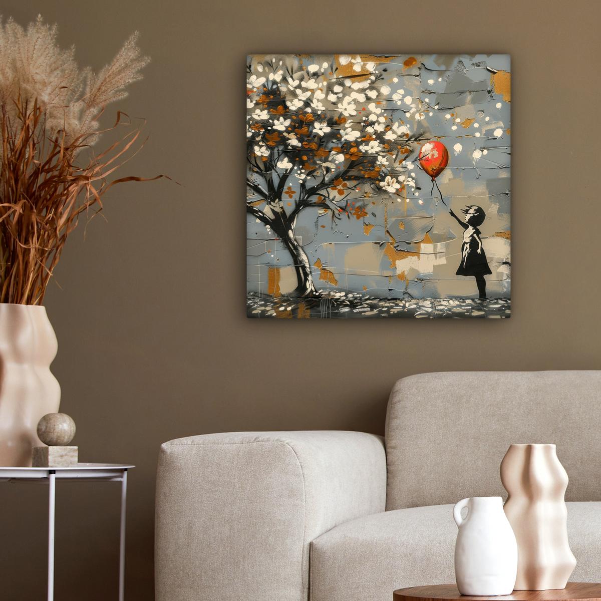 LEINWANDBILD Baum - Graffiti - Banksy-Stil - Ballon-Mädchen Wandbild Wohnzimmer 50x50 cm - Blaugrau, Textil (50/50cm) - MuchoWow