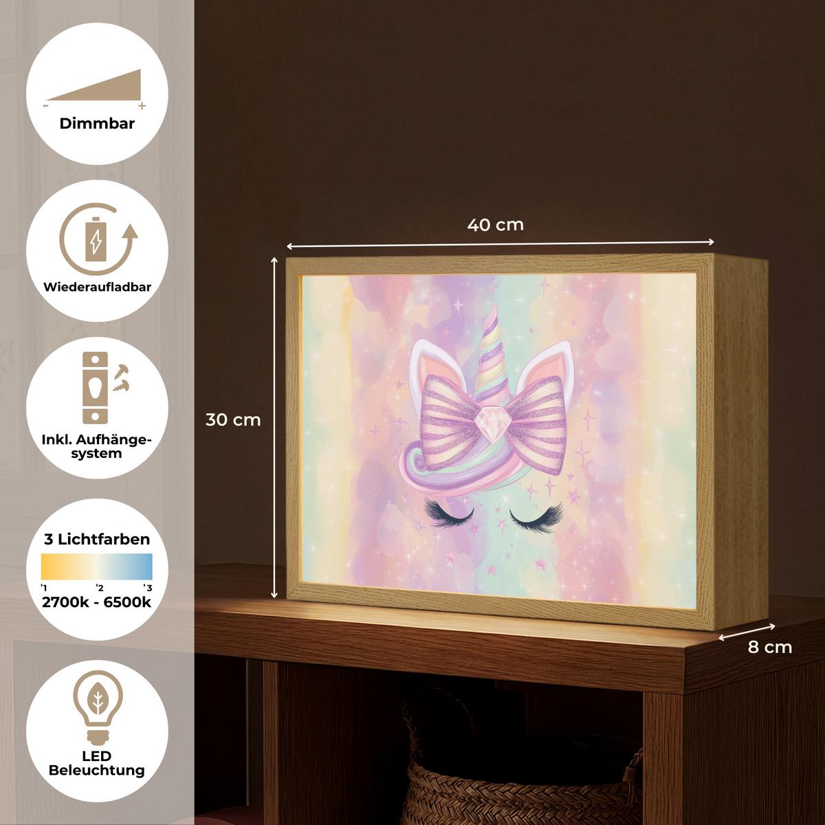 WANDLEUCHTE MIT AKKU Einhorn - Glitzer - Regenbogen - Pastell 40x30 cm - Hellrosa, Holzwerkstoff (40/30/8cm) - OnlyWow