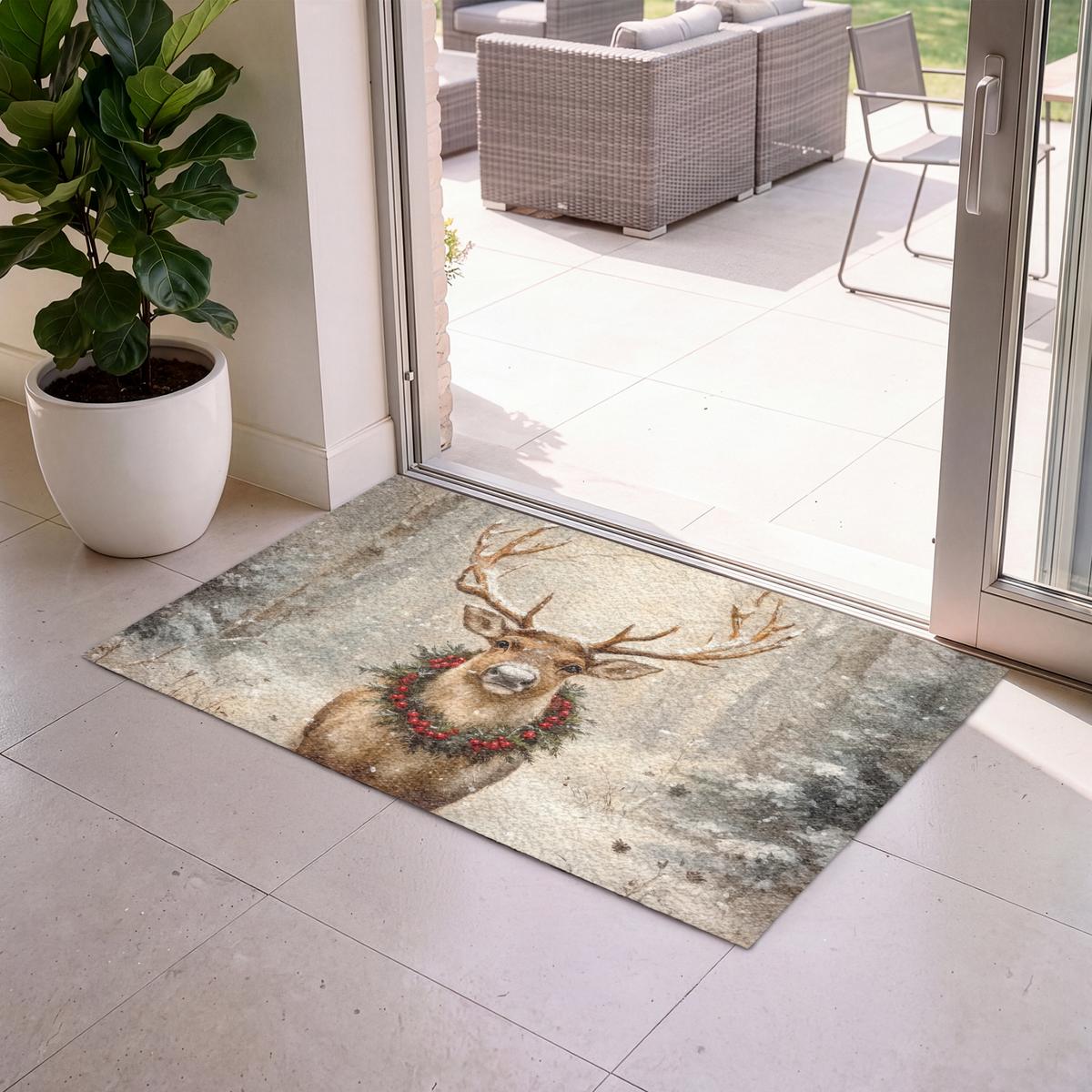 FUSSMATTE Weihnachten - Rentier - Winter - Kranz Flurteppich 120x80 cm - Braun, Kunststoff (120/0.4cm) - MuchoWow