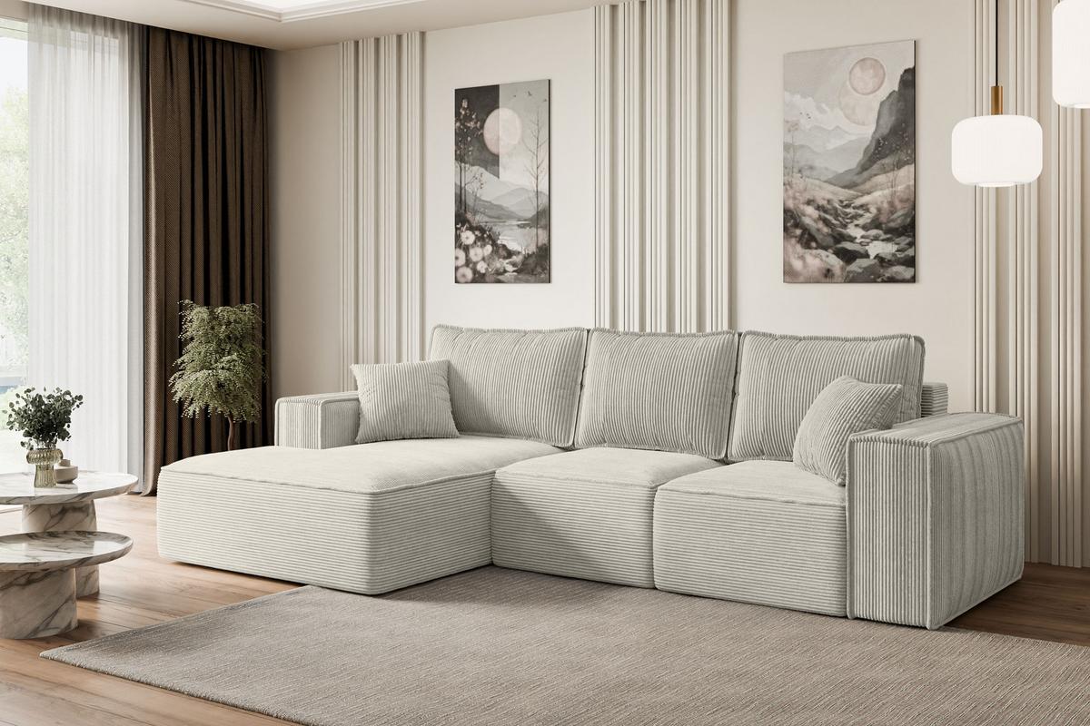 ECKSOFA mit Schlaffunktion und Bettkasten SERRA-L-S - 266x161x87 cm Creme Cord - Hellgrau/Creme, Holzwerkstoff/Kunststoff (266/161cm) - ALTDECOR