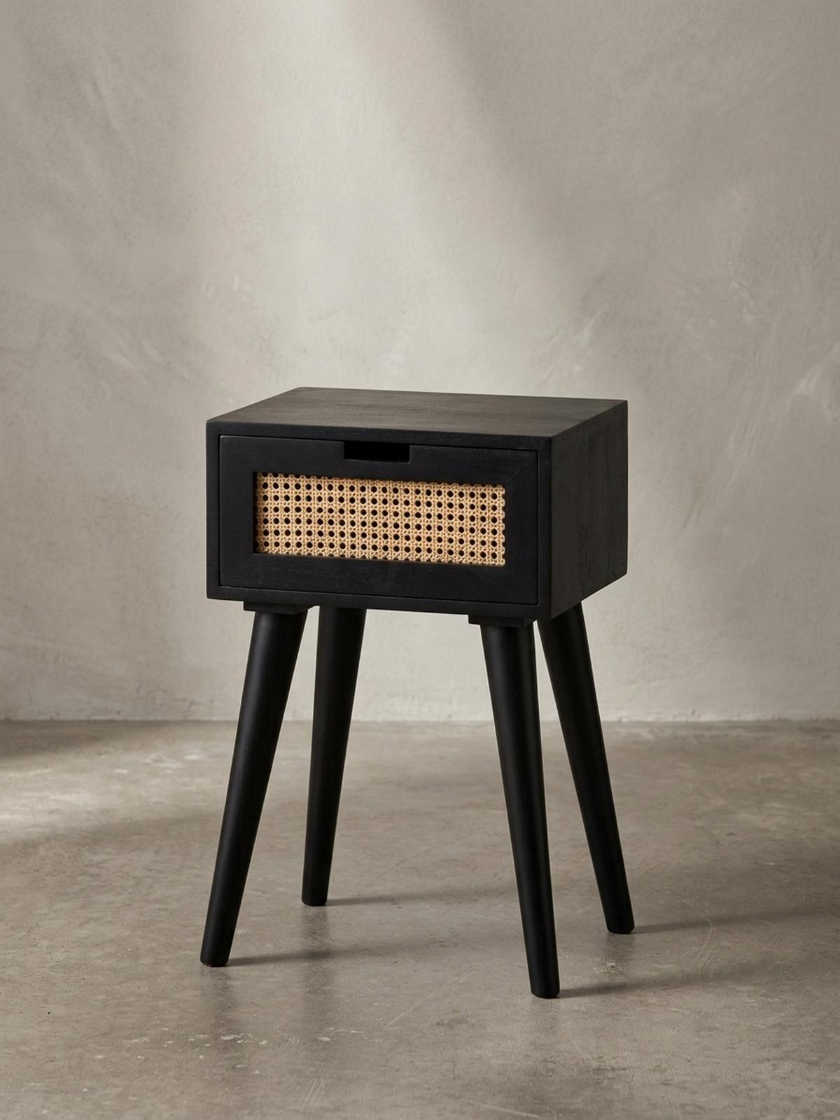 NACHTTISCH – Mango Massivholz/Rattan, 40x60x30 cm, Schwarz, 1 Schublade, Wiener Geflecht - Schwarz, Holz (40/60/30cm) - KADIMA DESIGN
