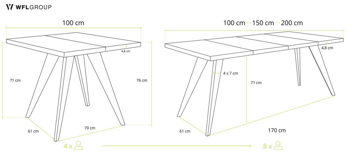 ESSTISCH Quadro quadratischer ausziehbarer, Grauer Beton 100-150/100/76 cm - Hellgrau/Schwarz, Holz/Holzwerkstoff (100/150/76cm) - WFL GROUP