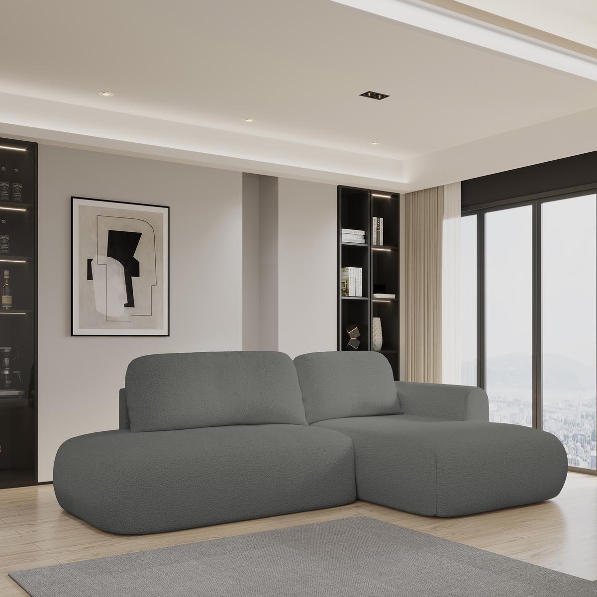 ECKSOFA NUVIRA R-S Grau Boucle-Stoff mit Schlaffunktion - Grau, Holz (279/158cm) - MASSENO